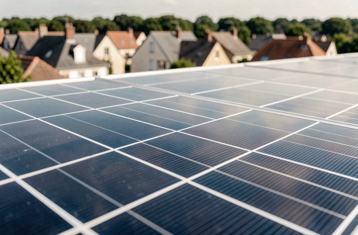 Gros plan sur la surface d'un panneau solaire monocristallin installé en banlieue française