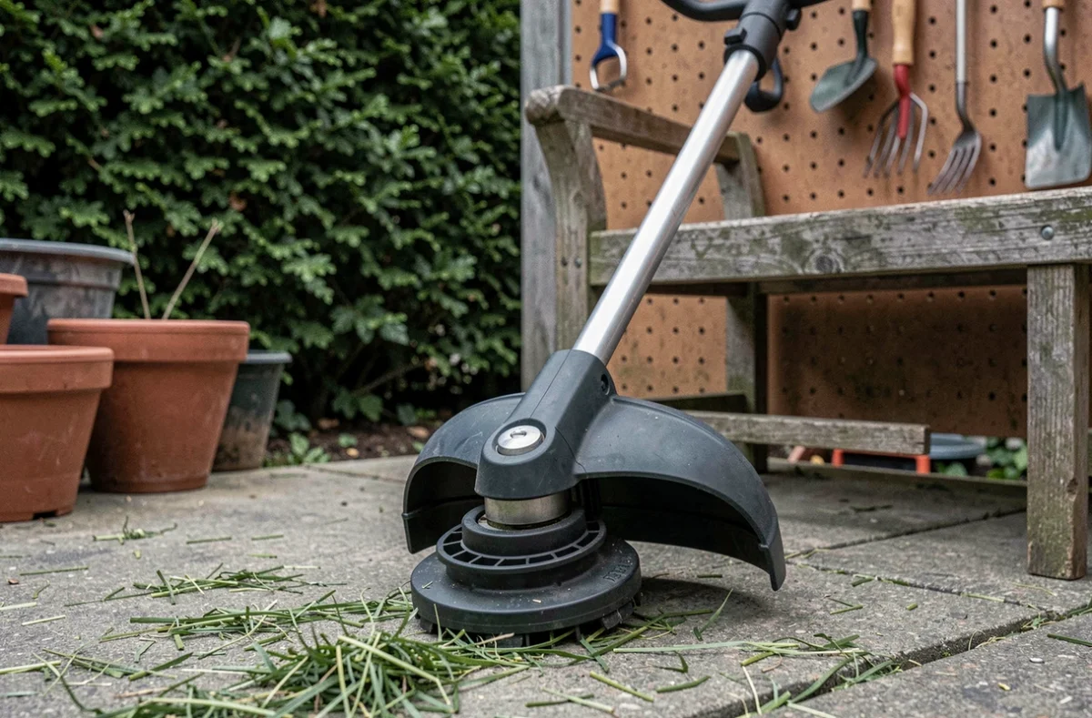 Gros plan sur la tête de coupe d'un taille-bordure thermique professionnel posé contre un banc en bois dans un coin d'atelier de jardin