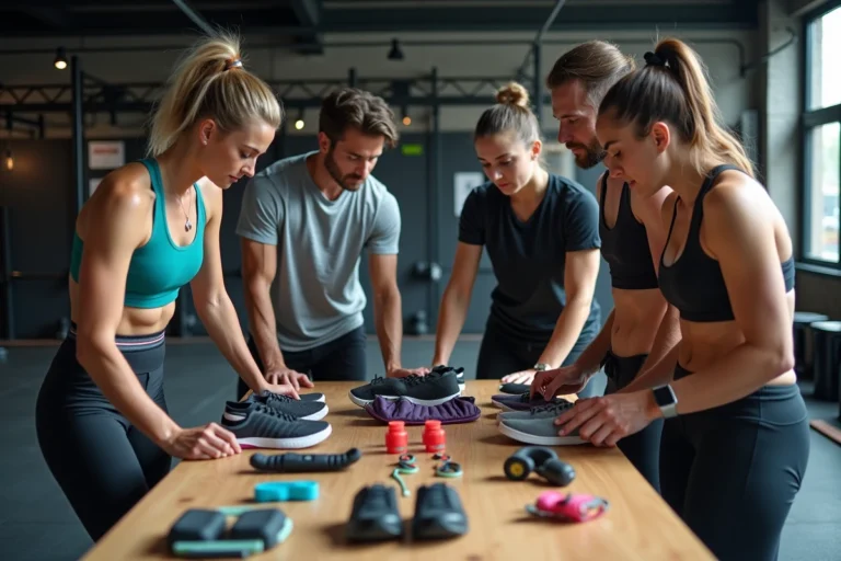 Groupe d'adultes sportifs examinant équipement de gym