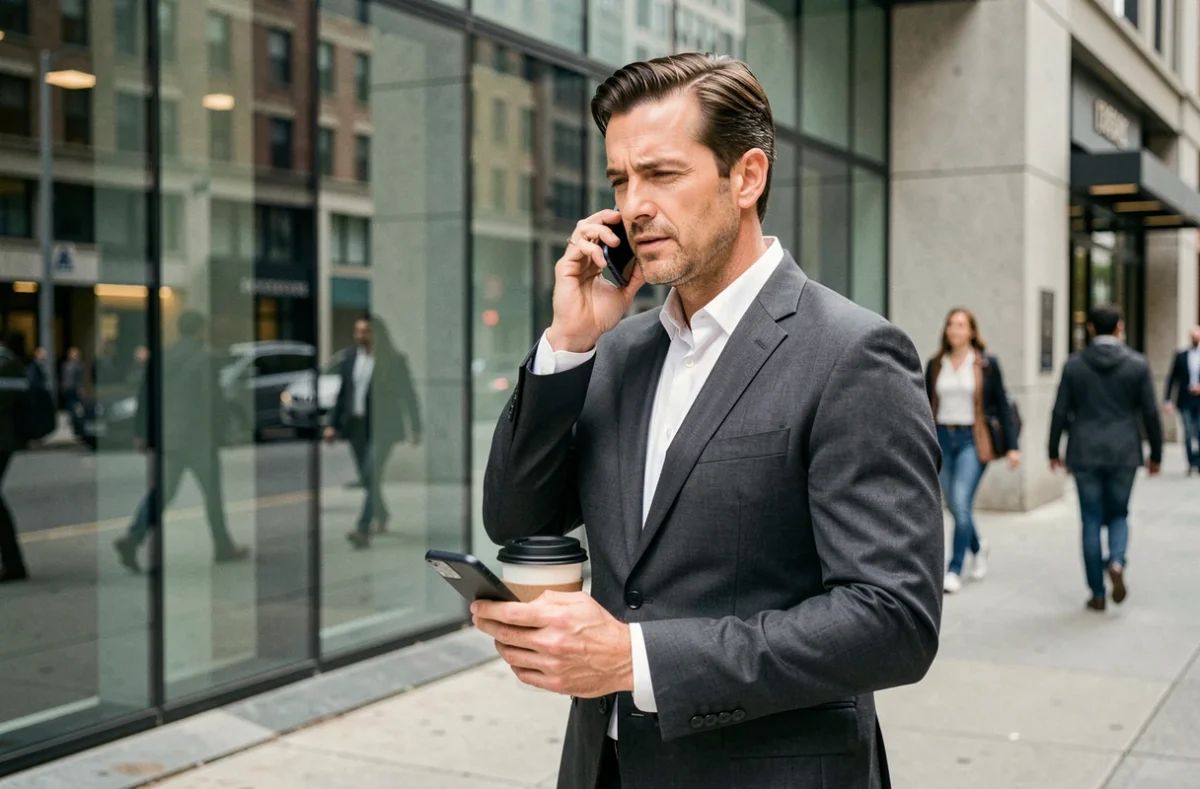 Homme d'affaires en costume charbon dans la rue tenant un smartphone devant un immeuble de bureaux moderne en ville