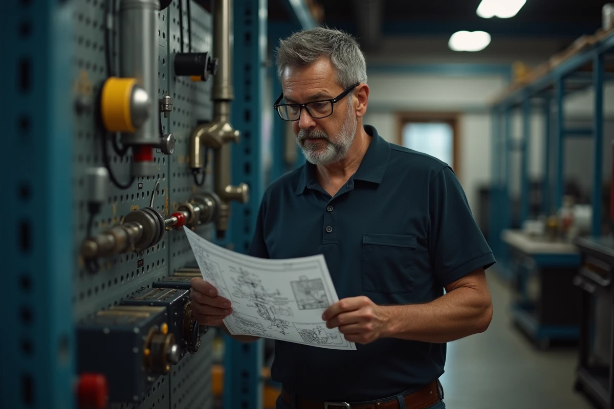 Homme en formation technique professionnelle dans un atelier industriel avec équipements spécialisés