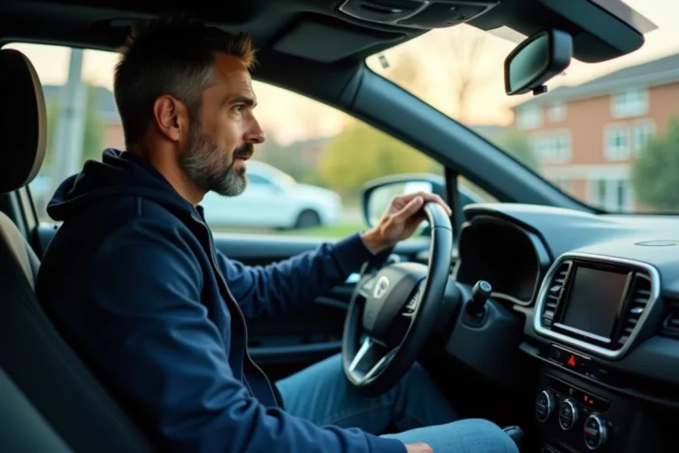 Homme dans sa voiture moderne en conduite confortable