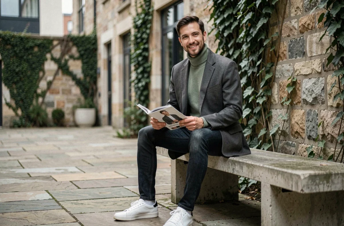 Homme stylé en blazer oversize et col roulé vert sauge assis dans une cour urbaine, look mode tendance masculin automne-hiver