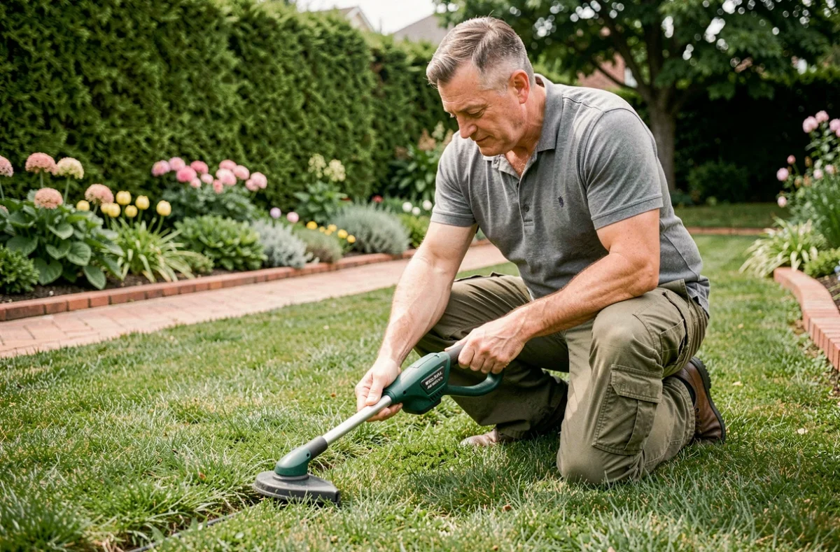 Homme utilisant un taille-bordure électrique sans fil pour entretenir les bordures d'un jardin soigné avec une allée en briques rouges