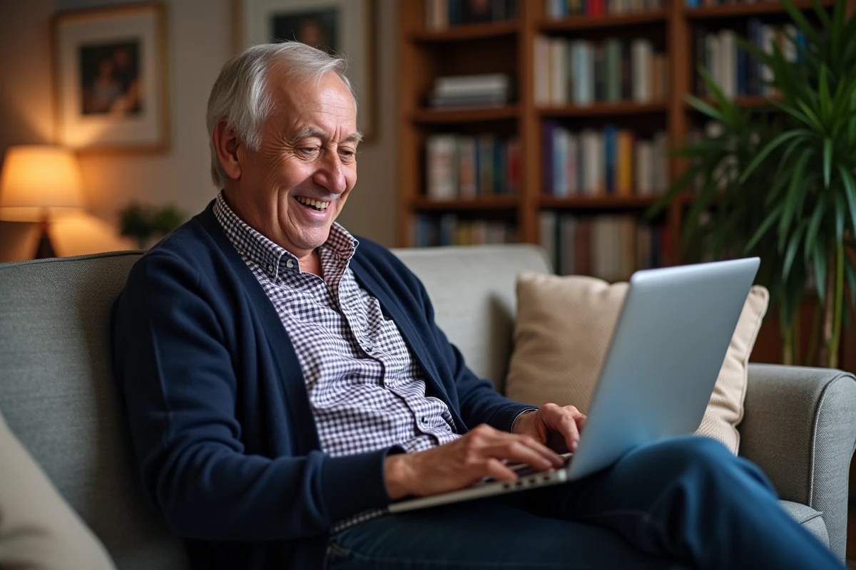 Homme âgé chargeant des photos de famille sur son ordinateur