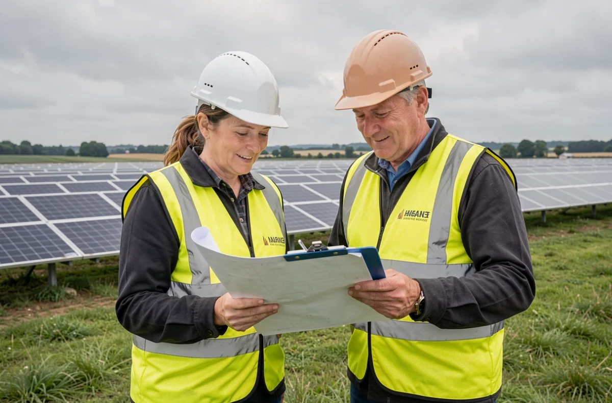 Équipe d'ingénieurs devant une ferme solaire en milieu rural français