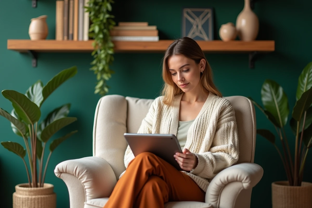 Jeune femme s'inspirant de tendances déco sur tablette dans un bureau à domicile élégamment décoré