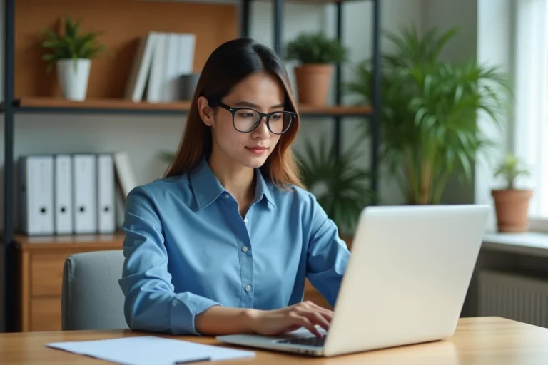 Jeune femme au bureau travaillant sur son ordinateur portable