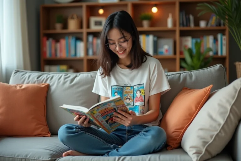 Jeune femme lisant des mangas dans un salon moderne