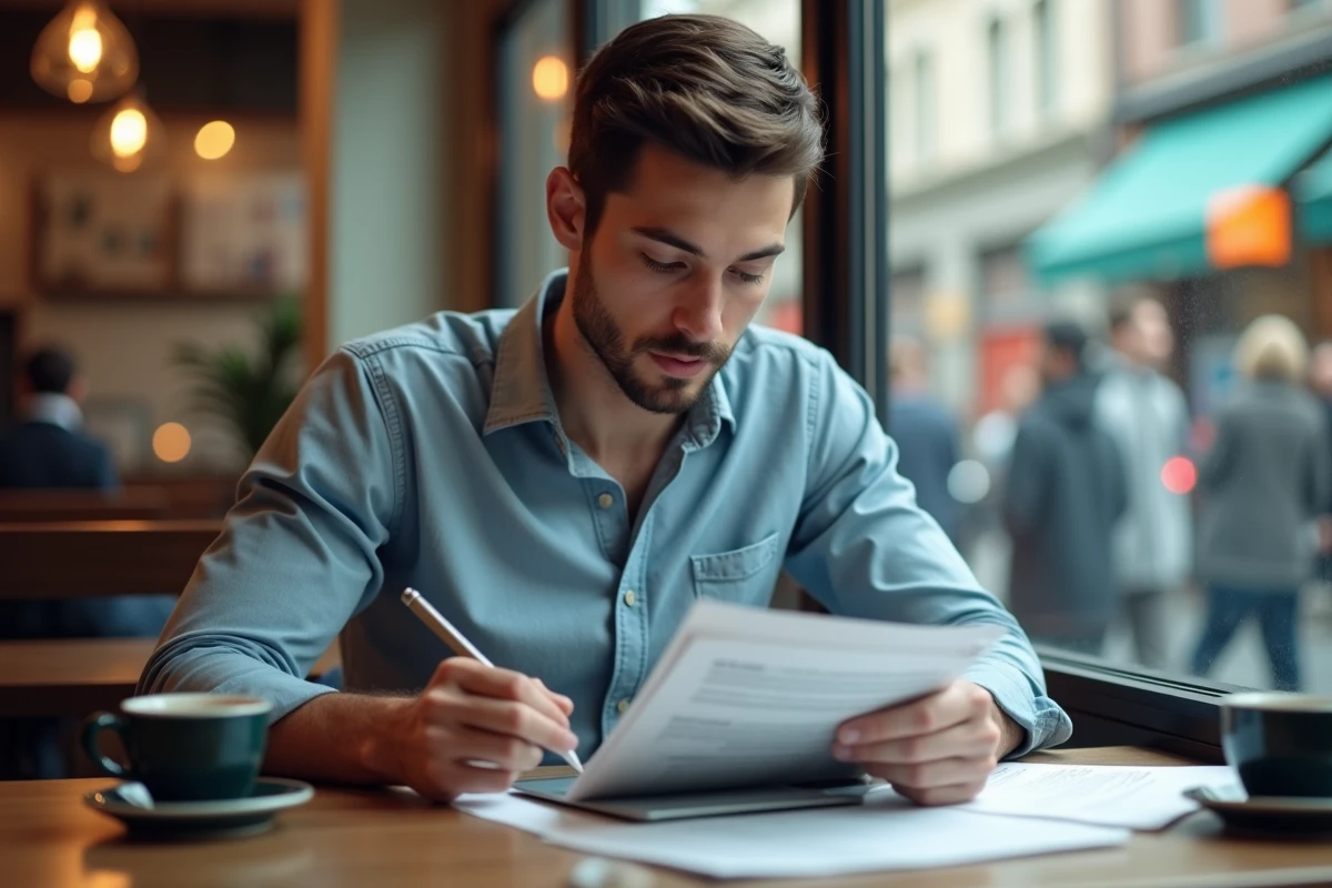Jeune homme utilisant une tablette dans un café animé