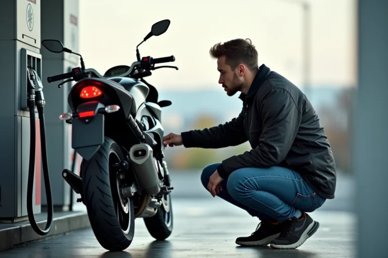 Jeune homme étudie une pompe à essence Yamaha MT 07