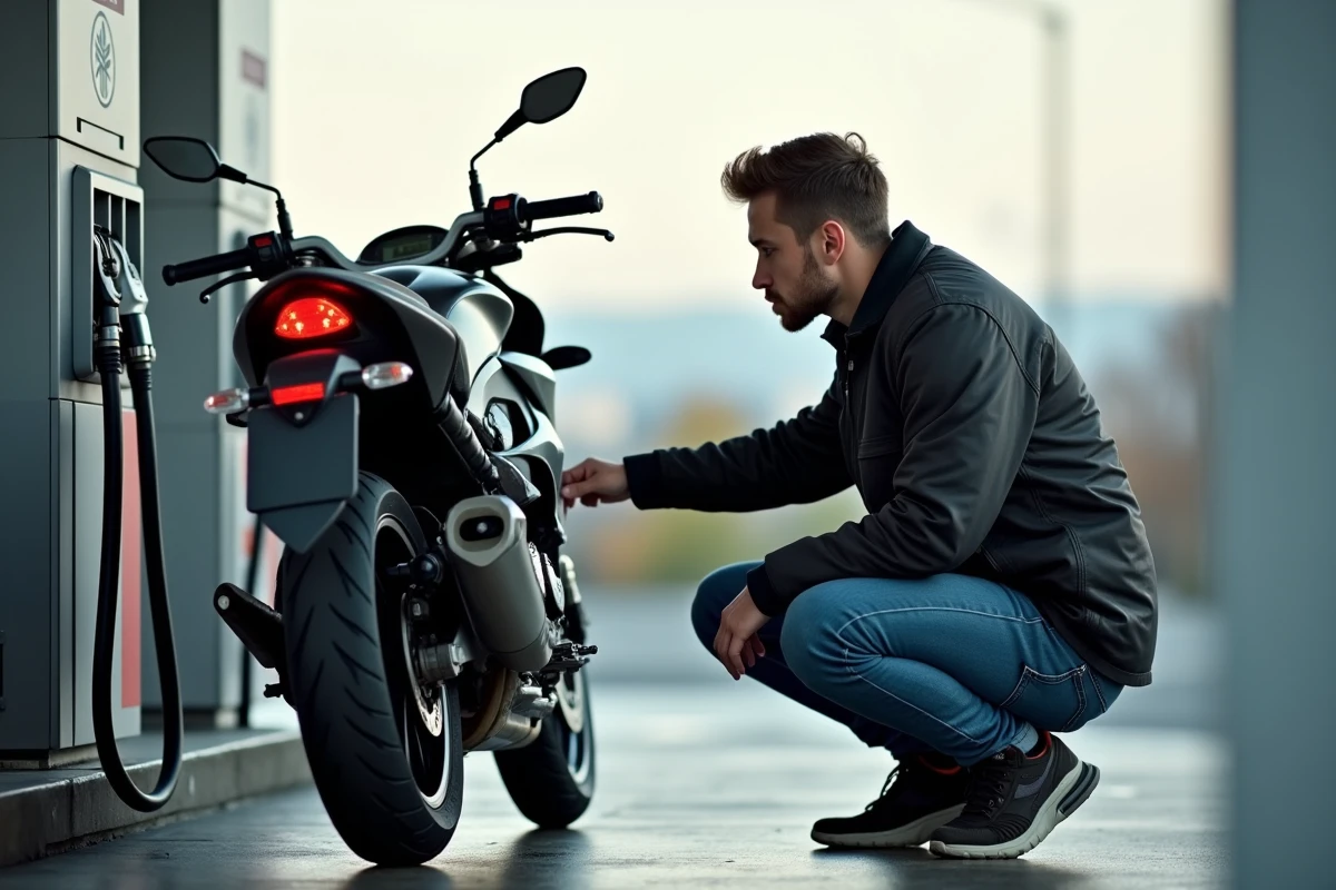 Jeune homme étudie une pompe à essence Yamaha MT 07