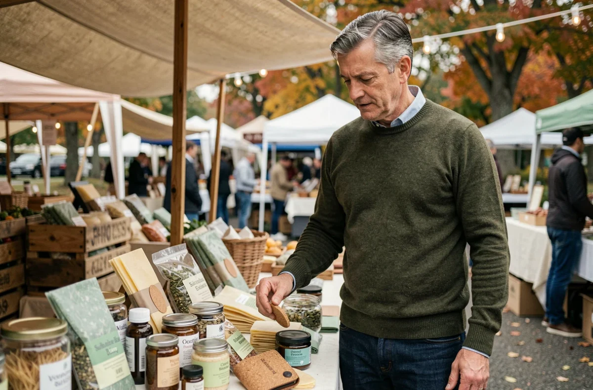 Homme en pull en laine mérinos explorant un étal de cadeaux éco-responsables pour hommes avec produits durables en liège, verre et cire d'abeille dans un marché artisanal en plein air