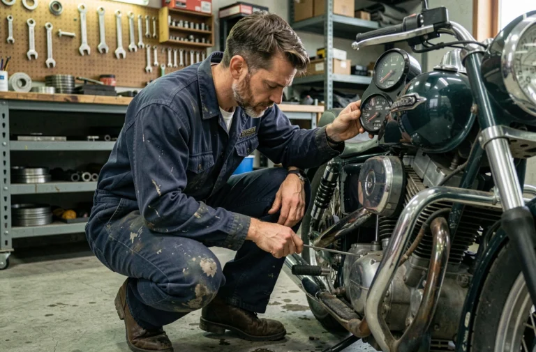 Mécanicien moto inspectant le compteur kilométrique d'une moto d'occasion dans un atelier