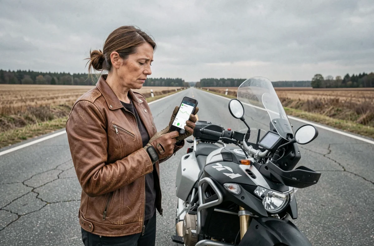Motarde sur le bord d'une route rurale consultant une application de suivi du kilométrage moto