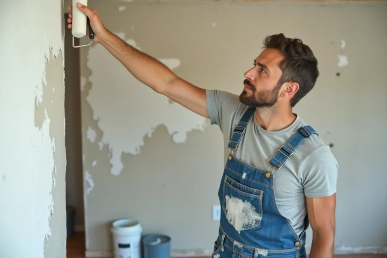 Homme en train de peindre un mur avec un rouleau lors de travaux de rénovation intérieure dans un salon en chantier