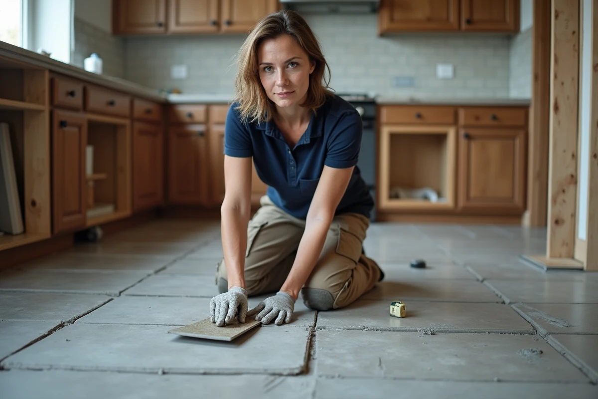 Femme posant du carrelage gris dans une cuisine en cours de rénovation avec truelle et mortier colle