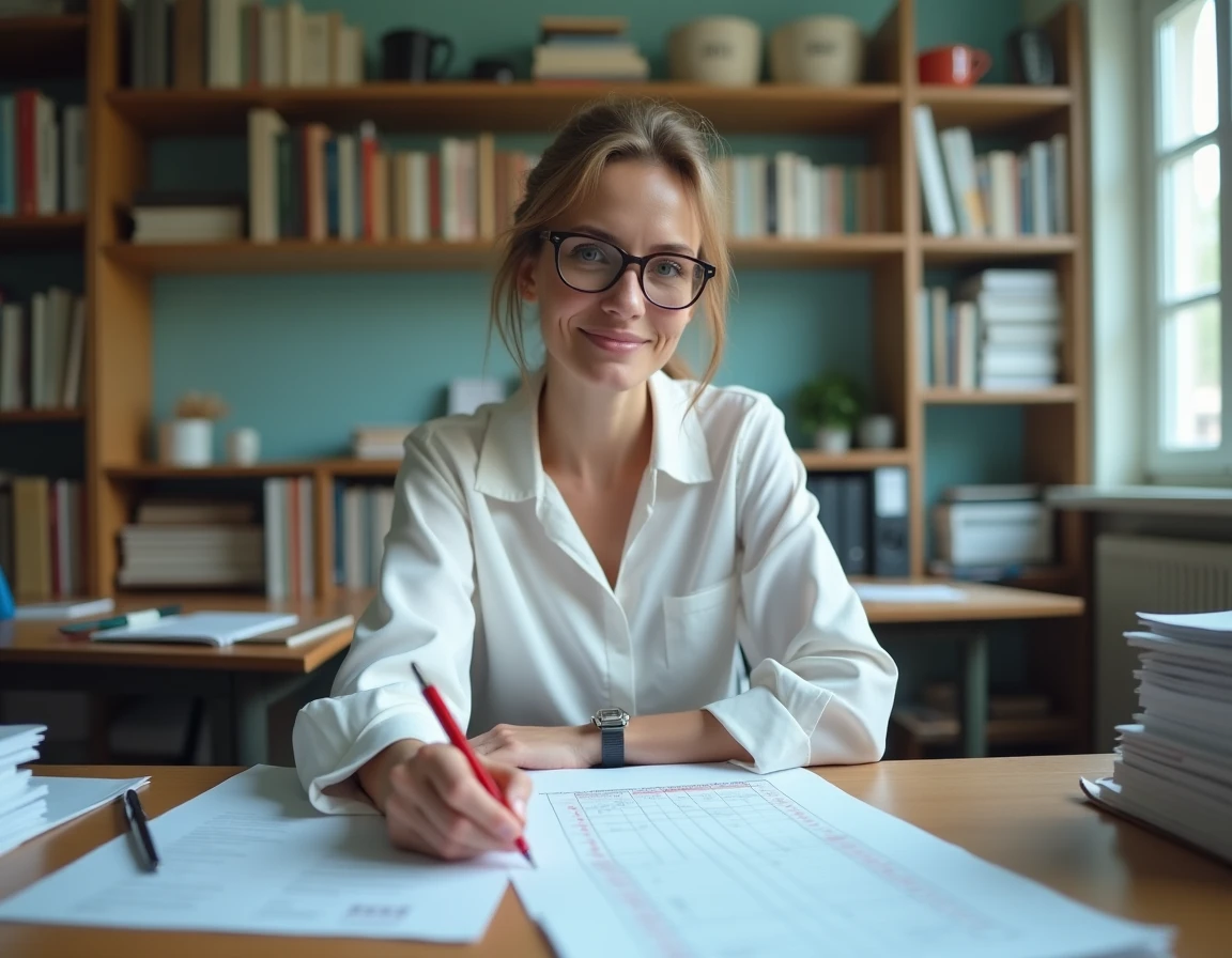 Professeure de collège corrigeant les moyennes générales de sa classe de 5e