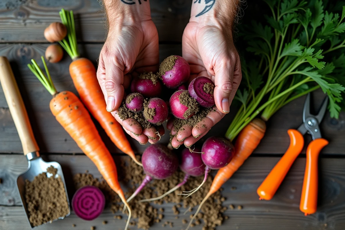 Gros plan de mains de jardinier triant des légumes racines récoltés sur une surface en bois rustique
