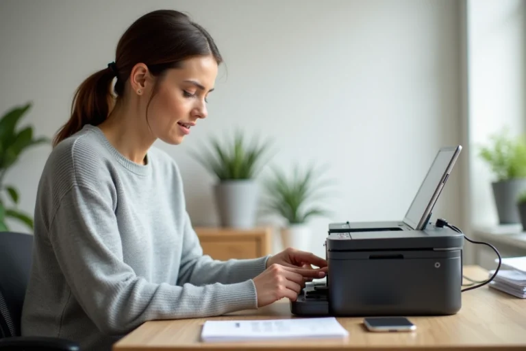 Femme réinitialisant une imprimante Canon Pixma MG3650 en appuyant sur les boutons du panneau de contrôle à son bureau à domicile