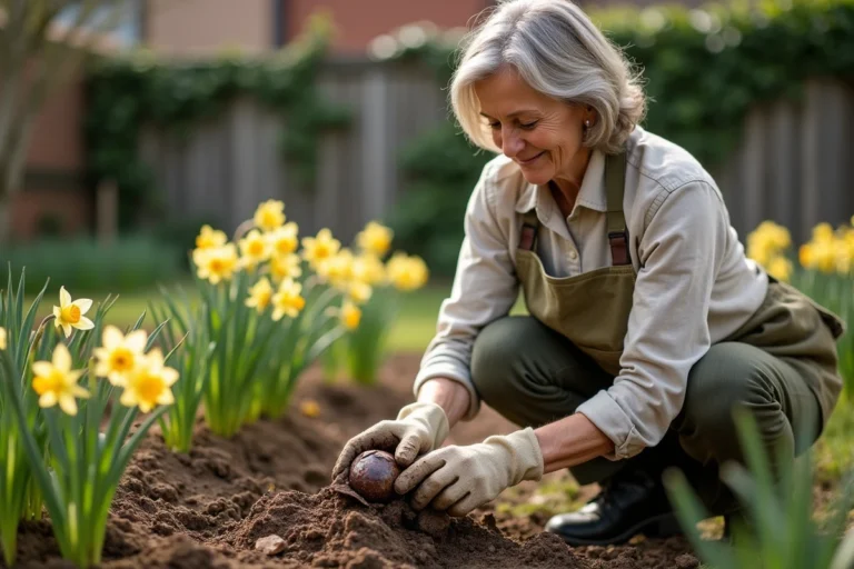 Jardinière retirant des bulbes de jonquilles du sol après la floraison dans un jardin verdoyant