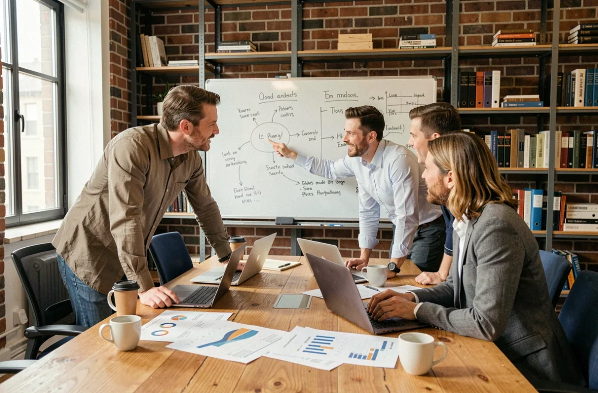 Équipe de professionnels en réunion stratégique autour d'une table de conférence avec tableaux et ordinateurs portables