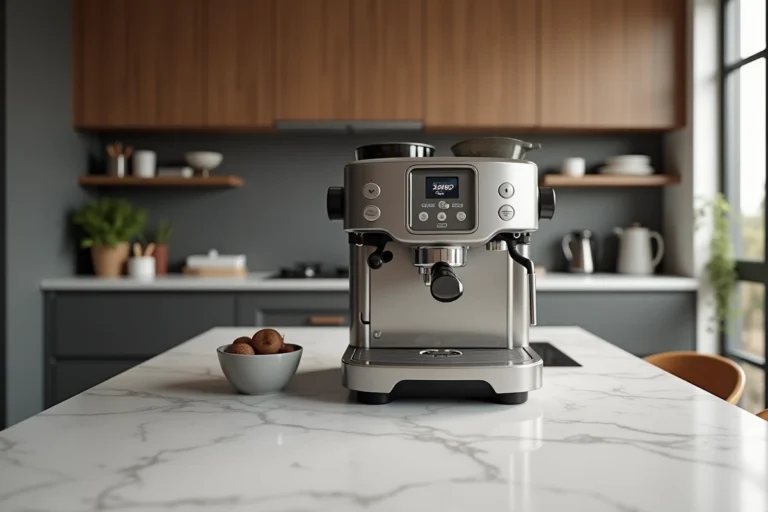 Machine à café Saeco Picobaristo Deluxe sur un plan de travail en marbre blanc lors d'un cycle de détartrage