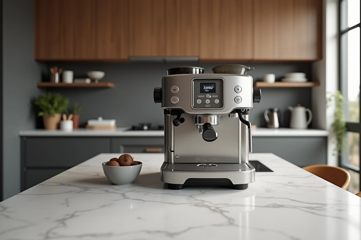 Machine à café Saeco Picobaristo Deluxe sur un plan de travail en marbre blanc lors d'un cycle de détartrage