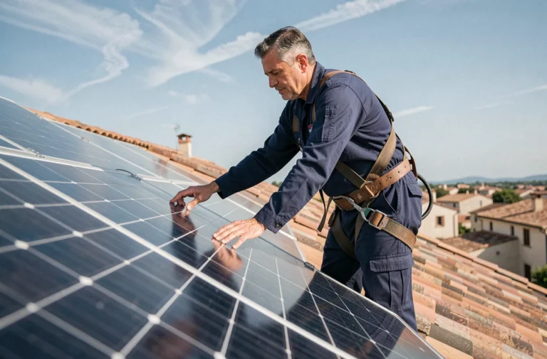 Technicien solaire inspectant des panneaux photovoltaïques sur un toit en France
