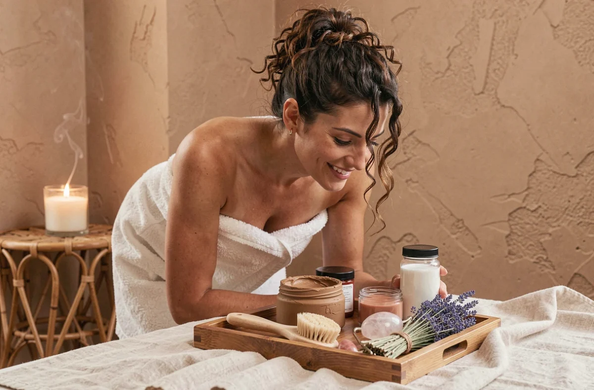 Femme en peignoir blanc découvrant une sélection de produits de beauté naturels et artisanaux sur un plateau en bois