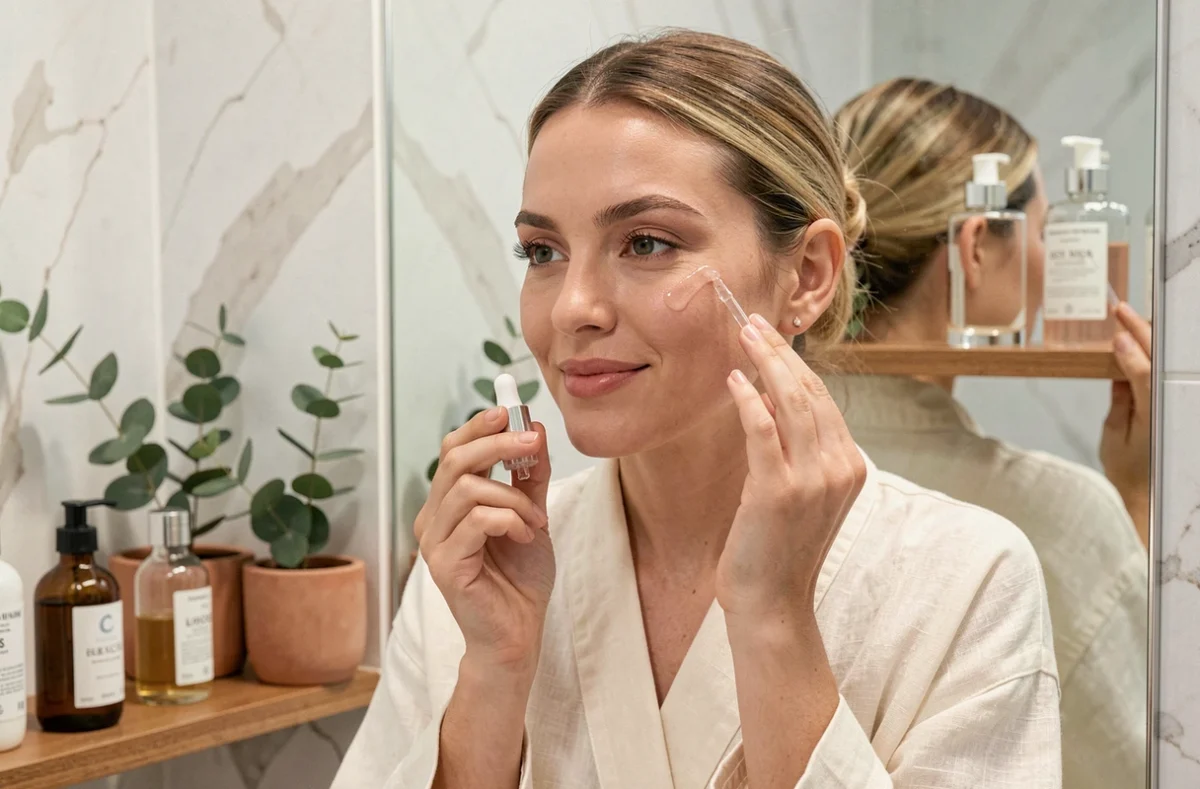 Femme appliquant un sérum de soin sur son visage dans une salle de bain minimaliste aux accents naturels