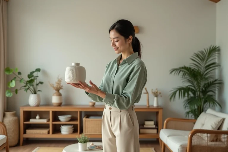 Femme élégante explorant des tendances déco Japandi dans un salon moderne aux matériaux naturels