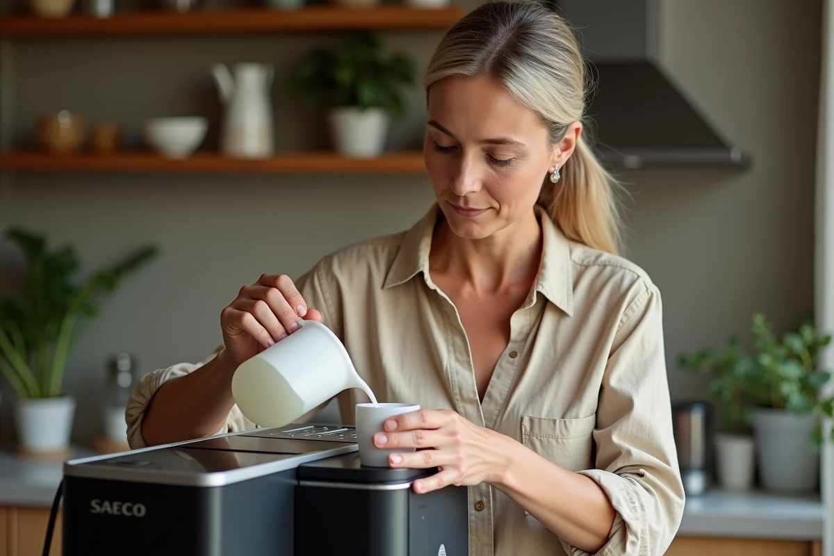 Femme versant du liquide détartrant dans le réservoir d'eau de sa machine Saeco Picobaristo Deluxe