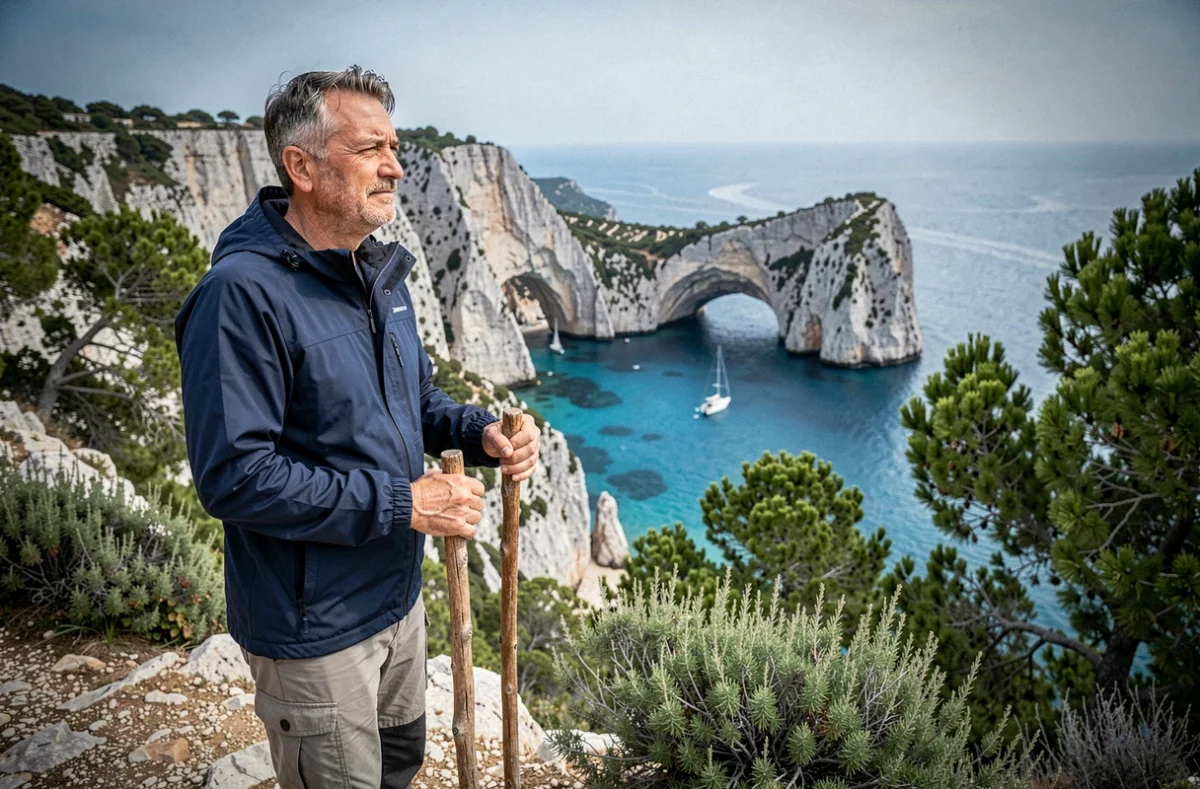Randonneur contemplant les calanques depuis une falaise calcaire près de Marseille, avec une crique turquoise et un voilier en arrière-plan, idéal pour des vacances nature en France