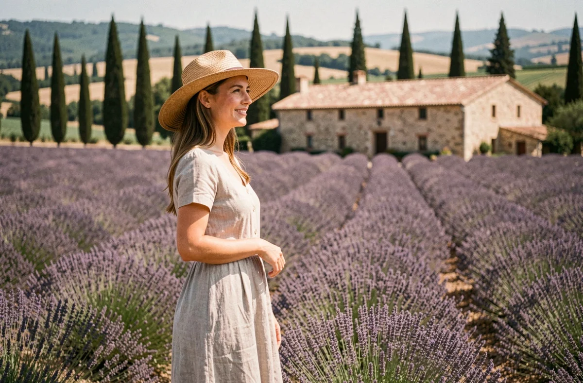 Femme en robe de lin dans un champ de lavande en Provence, avec une ferme en pierre en arrière-plan, incarnant les vacances estivales en France