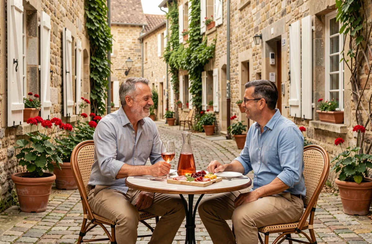 Couple attablé en terrasse de bistrot dans un village médiéval du Périgord, savourant un verre de rosé et une planche de charcuterie lors de vacances en France