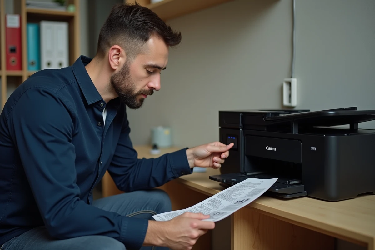 Homme inspectant le panneau arrière d'une imprimante Canon Pixma MG3650 avec une fiche d'instructions dans les mains