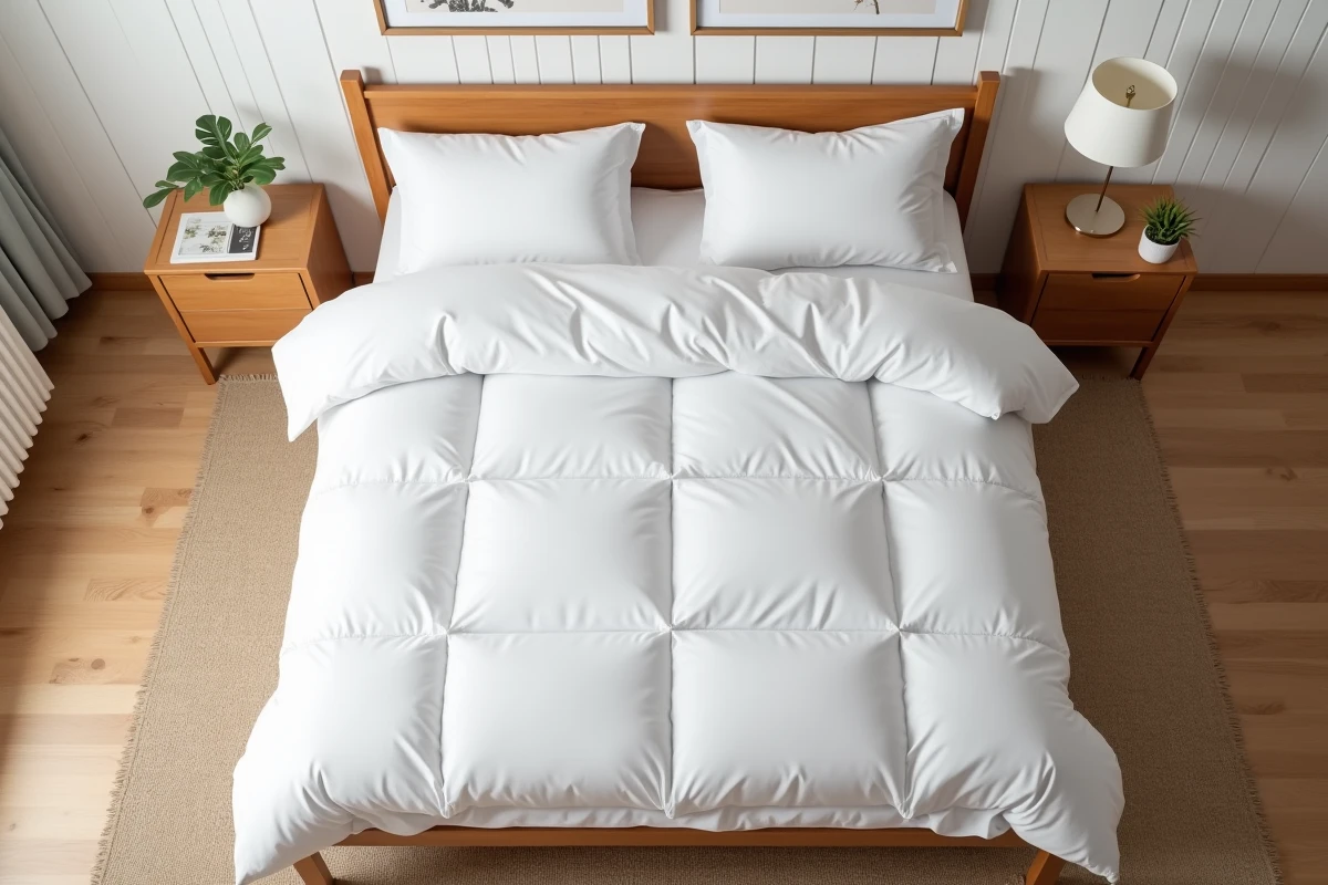 Vue aérienne d'un lit en portefeuille parfaitement réalisé avec draps blancs et coins nets